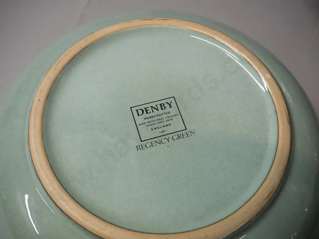 Denby "Regency Green" pattern tableware serving items - large bowl, 3 covered casseroles and one open. Large casserole Image 1++