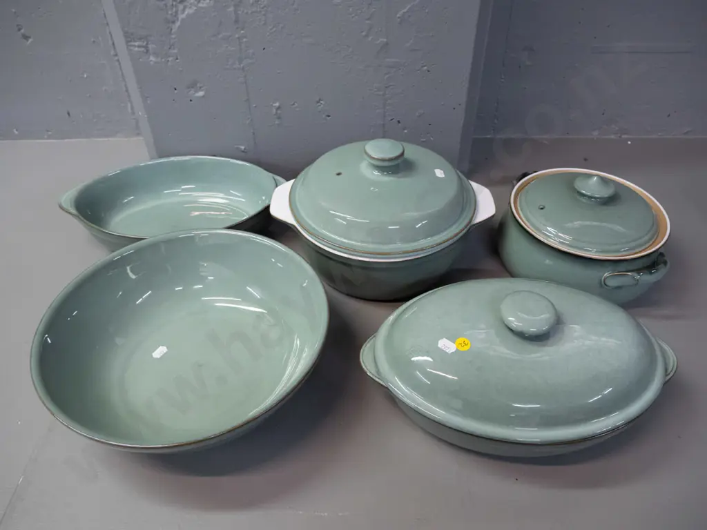 Denby "Regency Green" pattern tableware serving items - large bowl, 3 covered casseroles and one open. Large casserole Image 1++