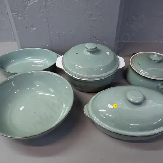 Denby "Regency Green" pattern tableware serving items - large bowl, 3 covered casseroles and one open. Large casserole