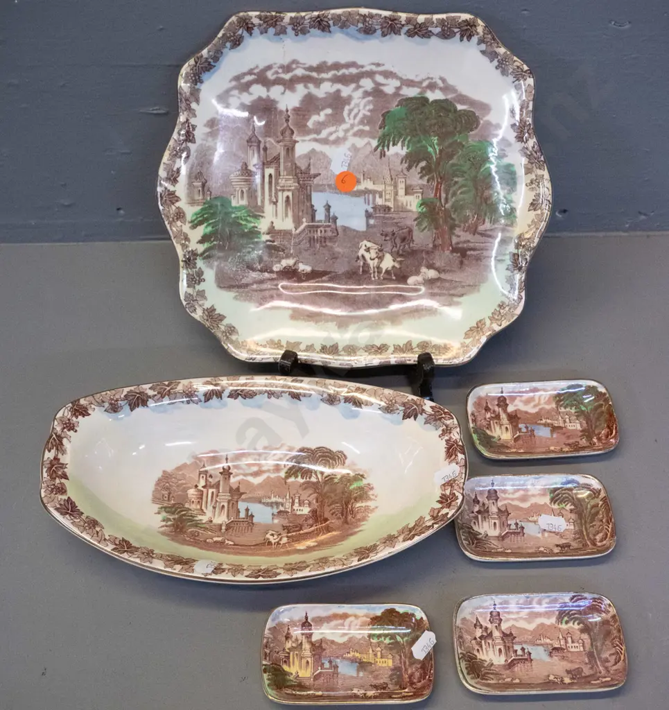 6 pieces of Maling lustre glaze Italian scenes china - cake plate L260 W-230, dish and 4 pin dishes Image 1++