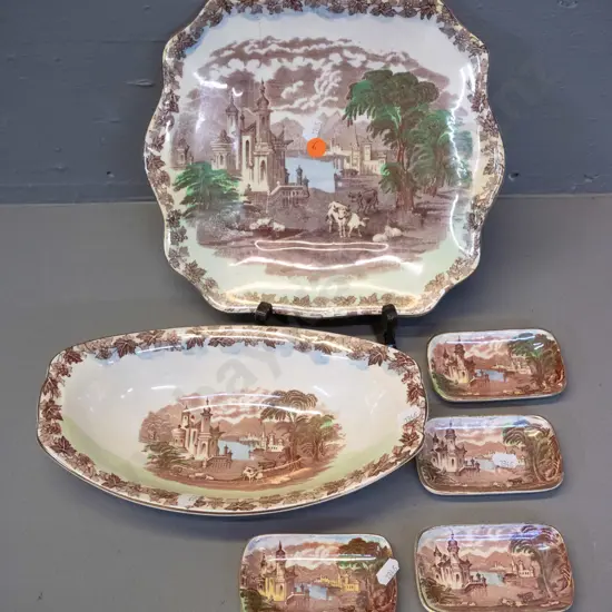 6 pieces of Maling lustre glaze Italian scenes china - cake plate L260 W-230, dish and 4 pin dishes