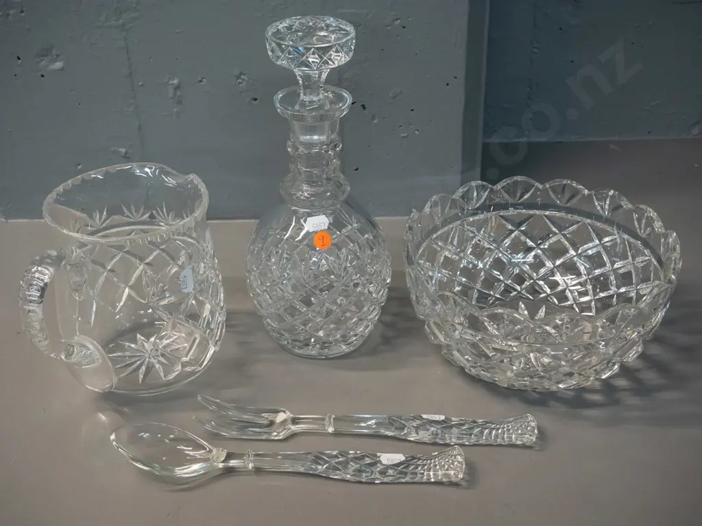 cut crystal items, no maker's marks - salad bowl with servers, water jug, and stoppered decanter H-270 Image 1++