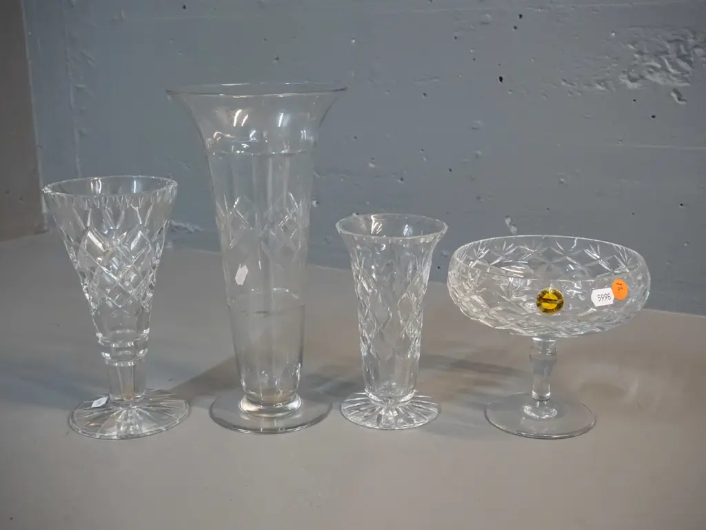 4 pieces of cut crystal - Webb-Corbett comport bowl and vase, Tudor vase H-250 and one unmarked (Stuart?) vase Image 1++