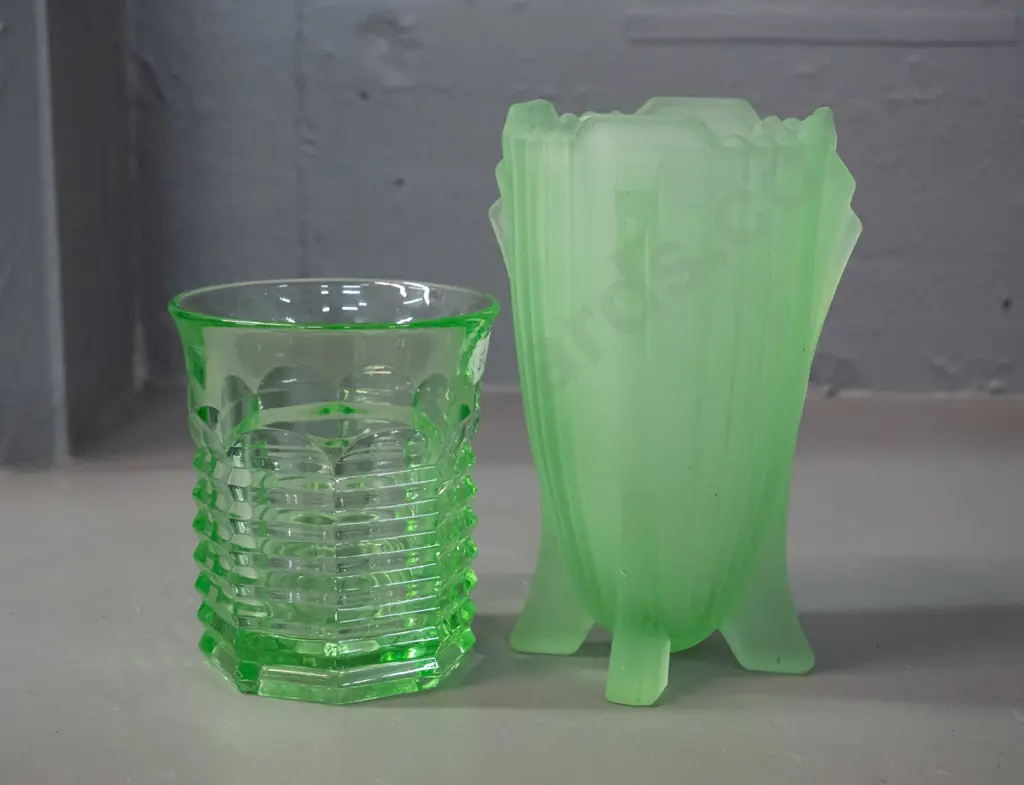 2 pieces of green uranium glass - frosted footed vase with faint glow, H-145 and a water tumbler with small chip to rim Image 1++