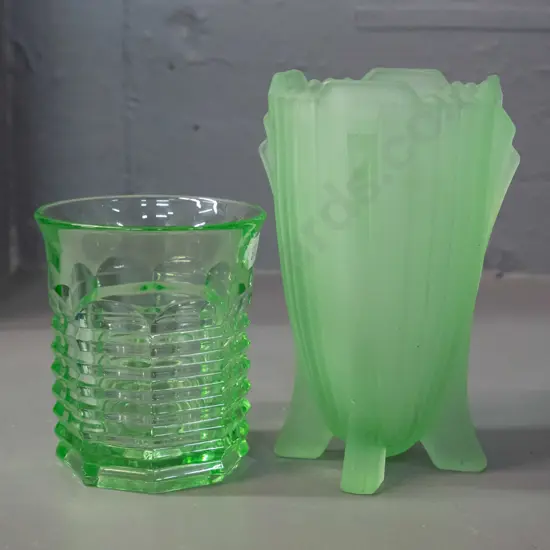 2 pieces of green uranium glass - frosted footed vase with faint glow, H-145 and a water tumbler with small chip to rim
