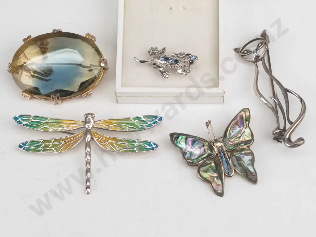5 brooches - butterfly, dragonfly, cat, lizard & large stone brooch -  no marks Image 1++