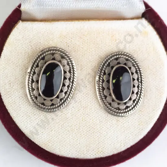 pair silver & black stone earrings stamped 925