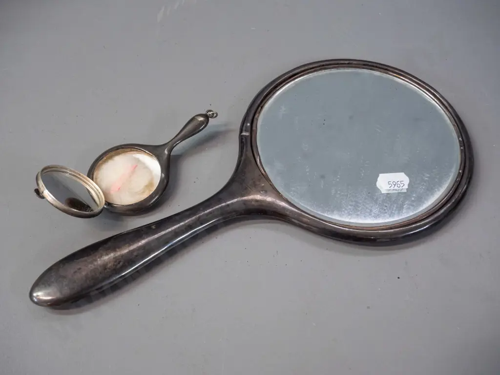 vintage sterling silver hand mirror, some dents to case L-270 & a small silver plated handled powder compact Image 1++