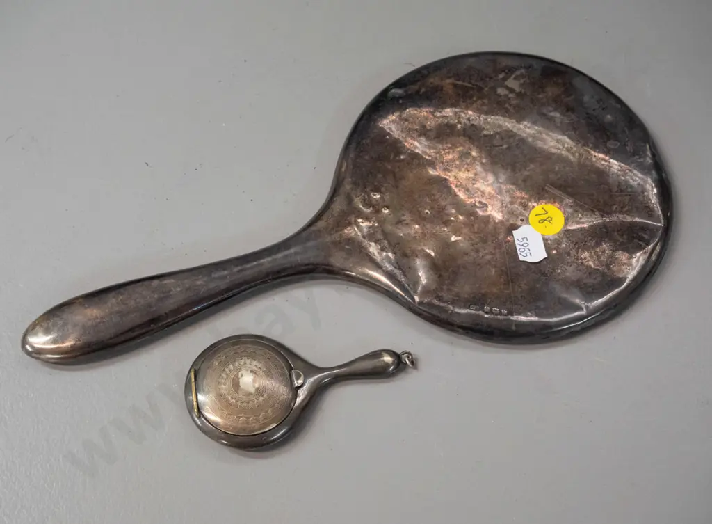 vintage sterling silver hand mirror, some dents to case L-270 & a small silver plated handled powder compact Image 1++