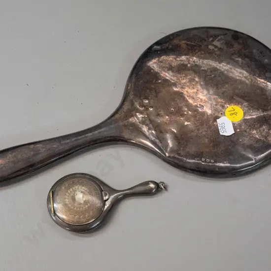 vintage sterling silver hand mirror, some dents to case L-270 & a small silver plated handled powder compact
