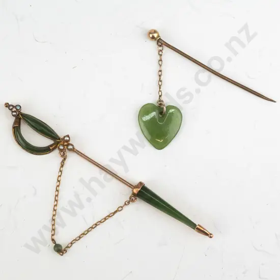 greenstone & seed pearl sword lapel pin & greenstone heart lapel pin