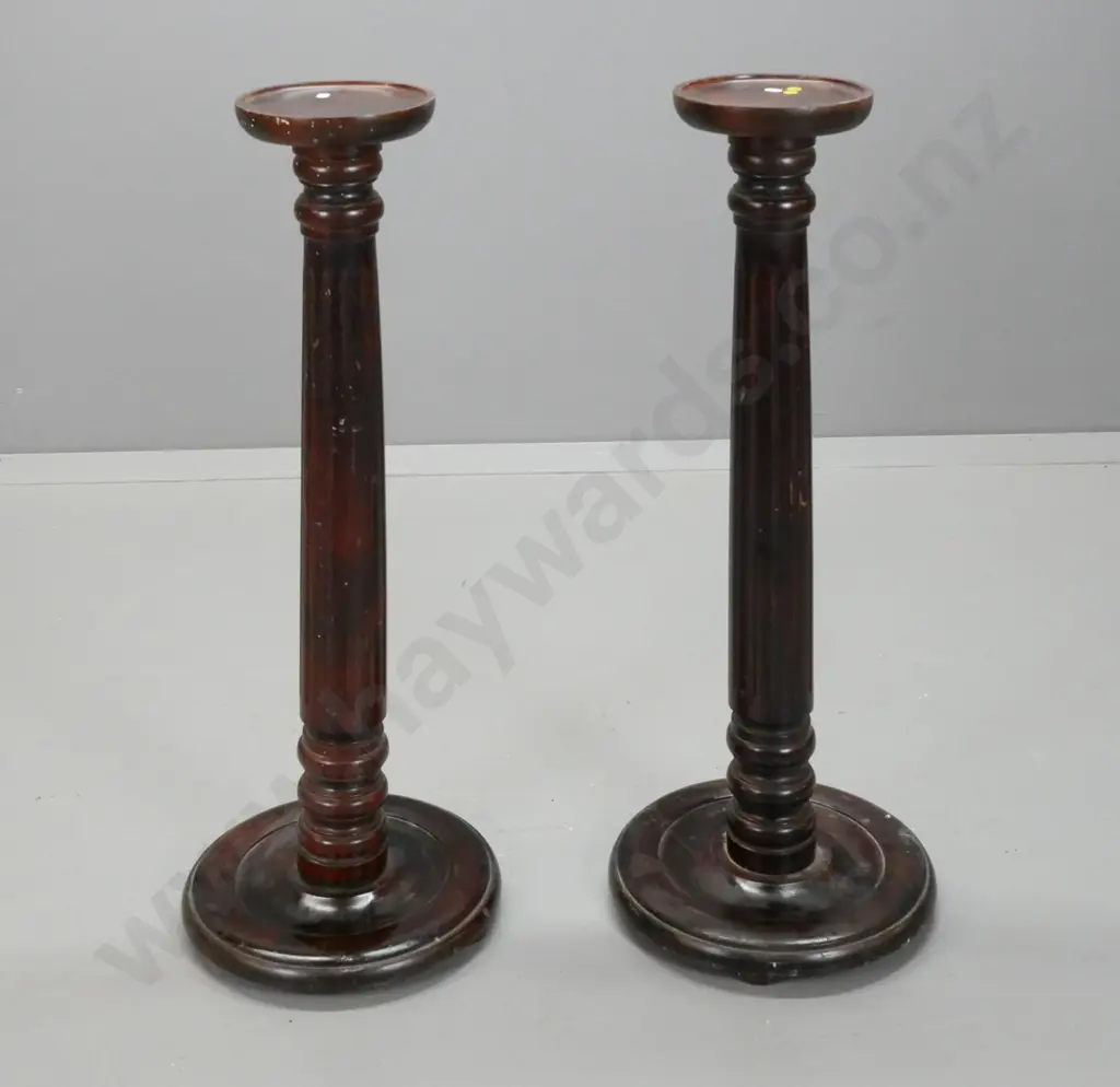 pair of vintage dark stained rimu plant / display stands with turned & fluted stems on round turned bases - splitting to Image 1++