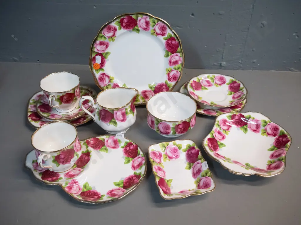 Royal Albert Old English Rose pattern teaware - trio, tennis set, cake plate, cream, sugar, spare saucer and plate Image 1++