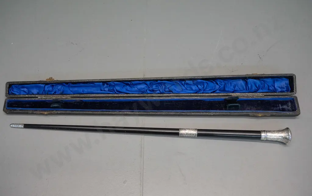 vintage ebony and sterling silver marching or ceremonial baton in fitted case - presented 1925 to G.T. Palmer Image 1++