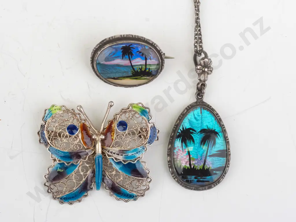 butterfly wing necklace, butterfly brooch both stamped sterling & filagre/enamel butterfly brooch Image 1++