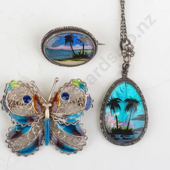 butterfly wing necklace, butterfly brooch both stamped sterling & filagre/enamel butterfly brooch