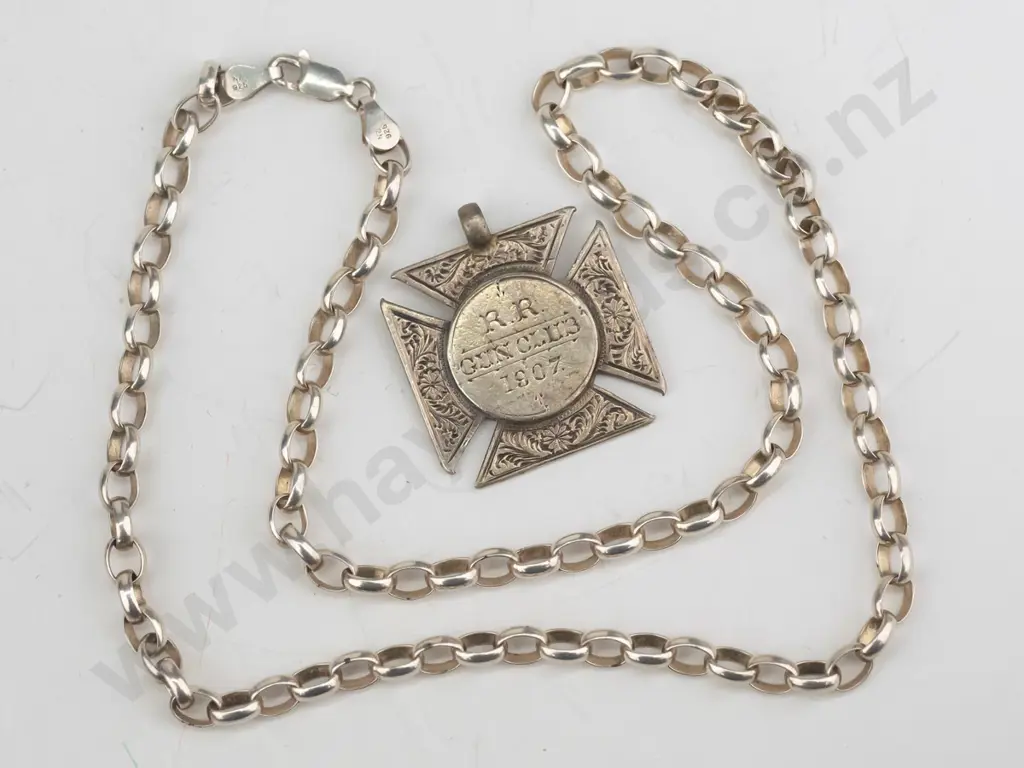 silver link chain stamped 925 & R R gun club 1907 medal stamped stg sil Image 1++