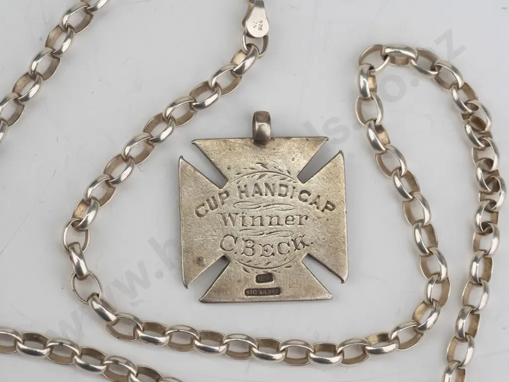 silver link chain stamped 925 & R R gun club 1907 medal stamped stg sil Image 1++