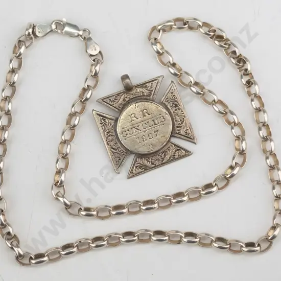 silver link chain stamped 925 & R R gun club 1907 medal stamped stg sil