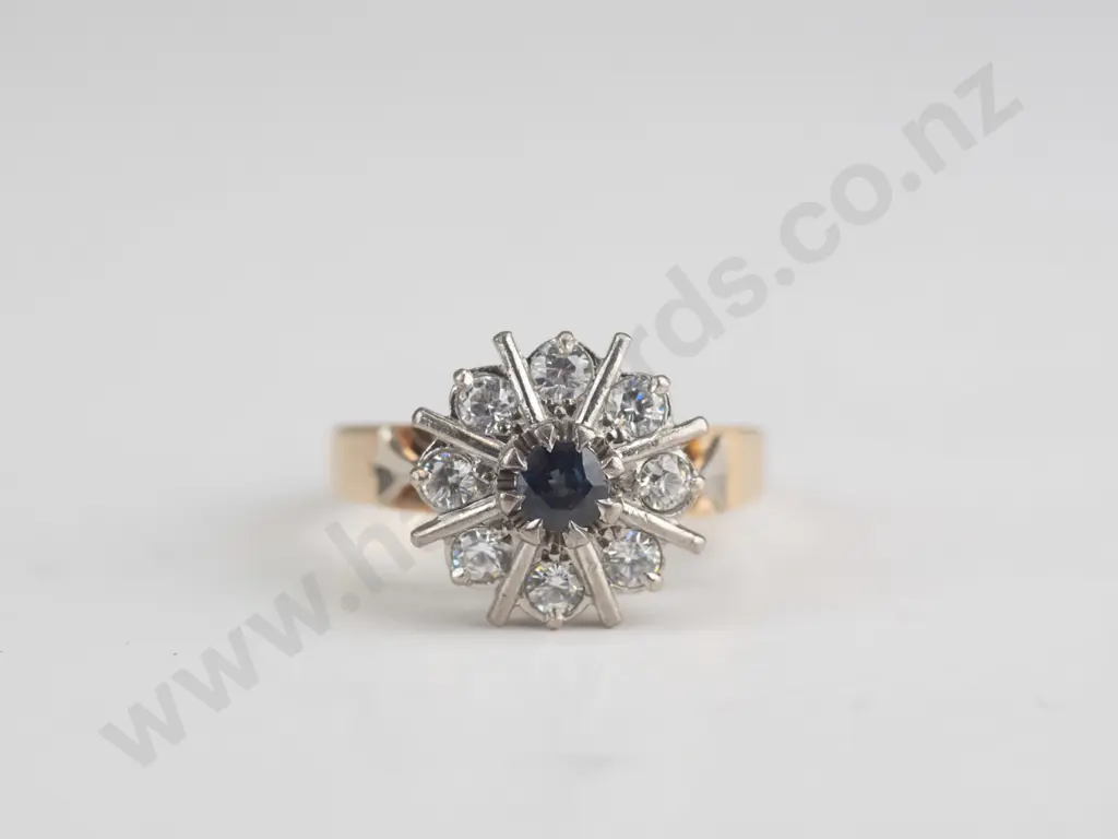 9CT white stone & sapphire cluster ring 3.7grms size R Image 1++