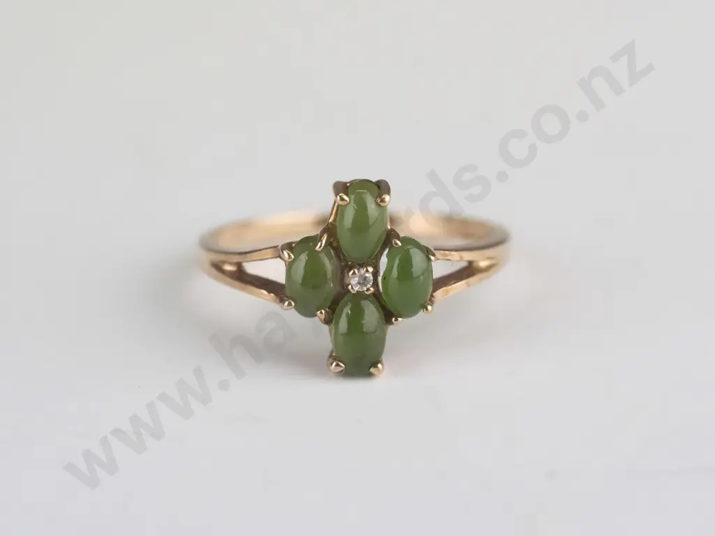 10ct yellow gold 4 cabachon pounmu & diamond cluster ring . 1.72grms size M Image 1++