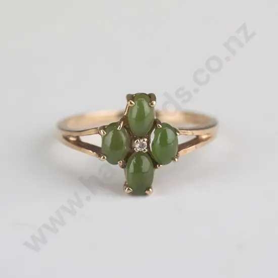 10ct yellow gold 4 cabachon pounmu & diamond cluster ring . 1.72grms size M