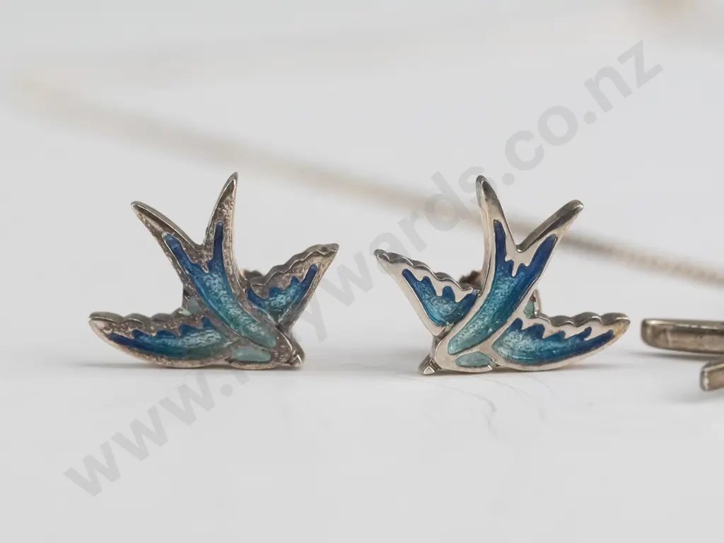 3 piece set plated blue enamel dove pendant and matching earrings sterling silver chain and butterflies Image 1++