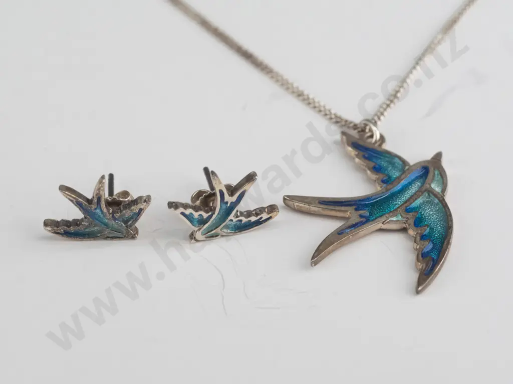 3 piece set plated blue enamel dove pendant and matching earrings sterling silver chain and butterflies Image 1++