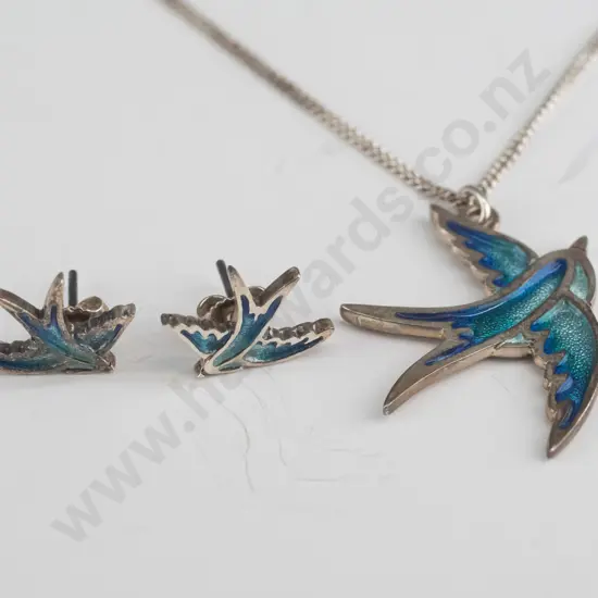 3 piece set plated blue enamel dove pendant and matching earrings sterling silver chain and butterflies