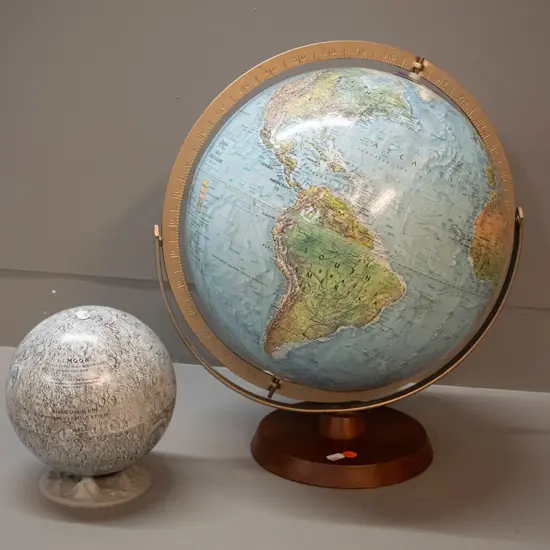 Reader's Digest world globe on timber base with metal frame H410 D290 & Replogl small moon globe loose on plastic stand