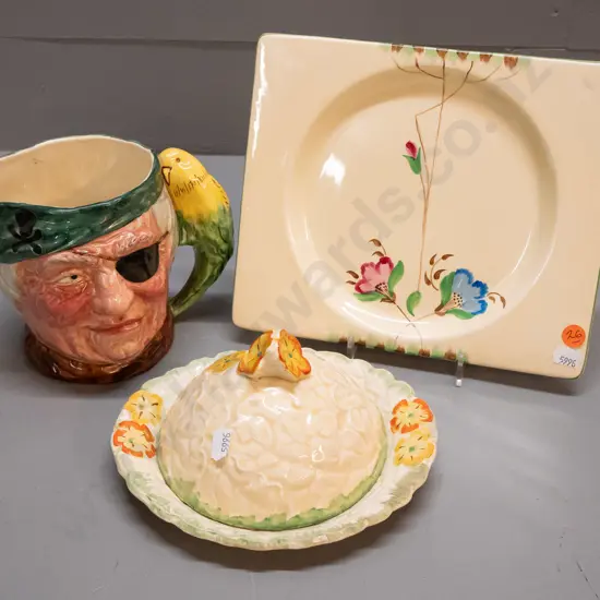 Royal Staffordshire Biarritz plate, Kensington butter cover dish, Lancaster Sandland Long John Silver character jug H135