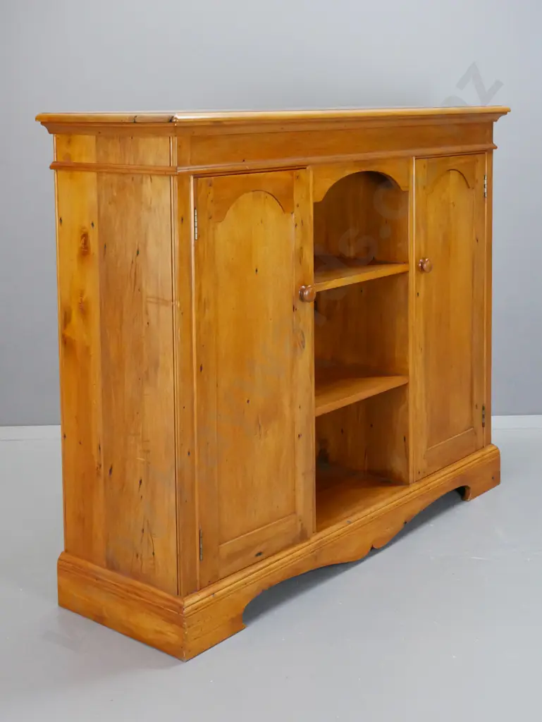 colonial style recycled rimu cupboard, 2 panelled doors with timber knobs, 2 shelves, open shelf gallery with arched top Image 1++