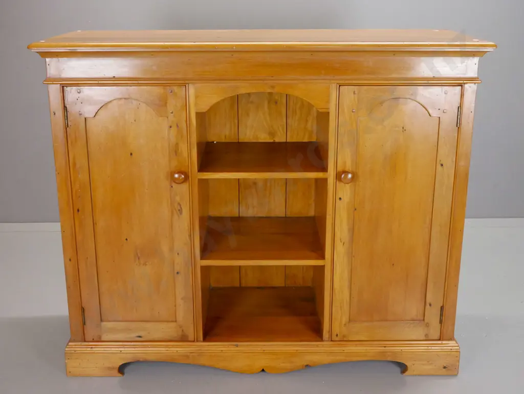 colonial style recycled rimu cupboard, 2 panelled doors with timber knobs, 2 shelves, open shelf gallery with arched top Image 1++