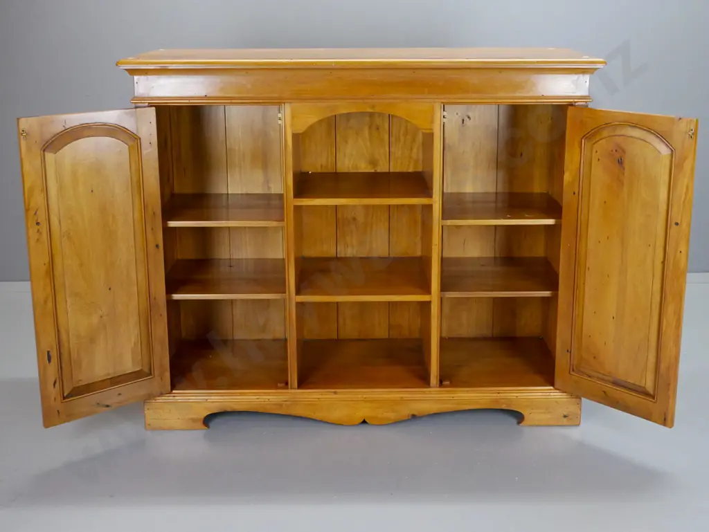 colonial style recycled rimu cupboard, 2 panelled doors with timber knobs, 2 shelves, open shelf gallery with arched top Image 1++