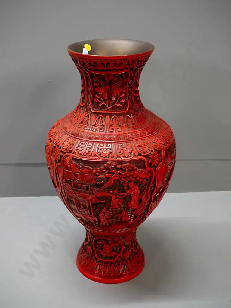 Chinese vase with cinnabar style composite over spun metal with brass finish rim and base H-490 D-250 Image 1++