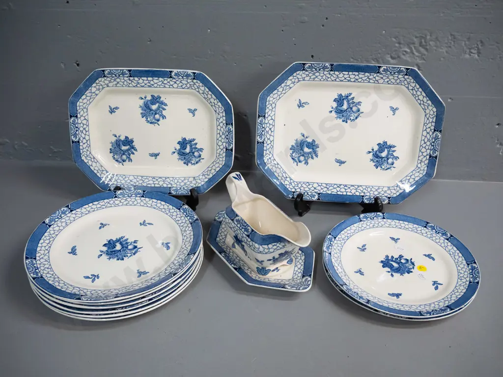 Adams "Juliet" pattern blue and white dinnerware: 2 ashettts, gravy boat and saucer, 6 dinners, 2 luncheon - larger Image 1++