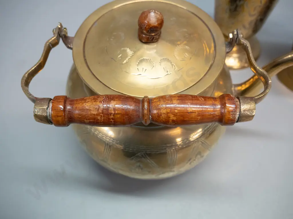 5 etched brass items - 2 jugs, flower vase, basket bowl and teapot with timber handles - jugs marked India, vase marked Image 1++
