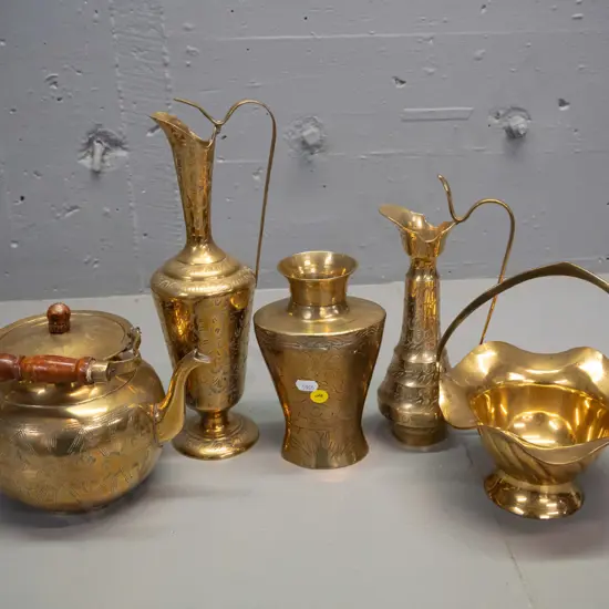 5 etched brass items - 2 jugs, flower vase, basket bowl and teapot with timber handles - jugs marked India, vase marked