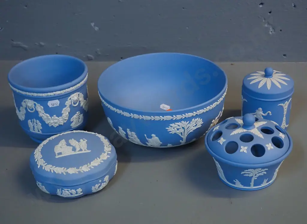assorted Wedgwood light blue jasperware - fruit bowl, small jardiniere, lidded jewellery box, lidded pot, pierced lid Image 1++