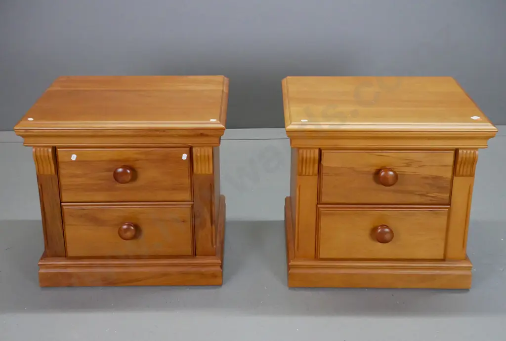 pair of reproduction colonial style 2-drawer bedside cabinets with timber knobs, stepped top and shaped corbels - some Image 1++