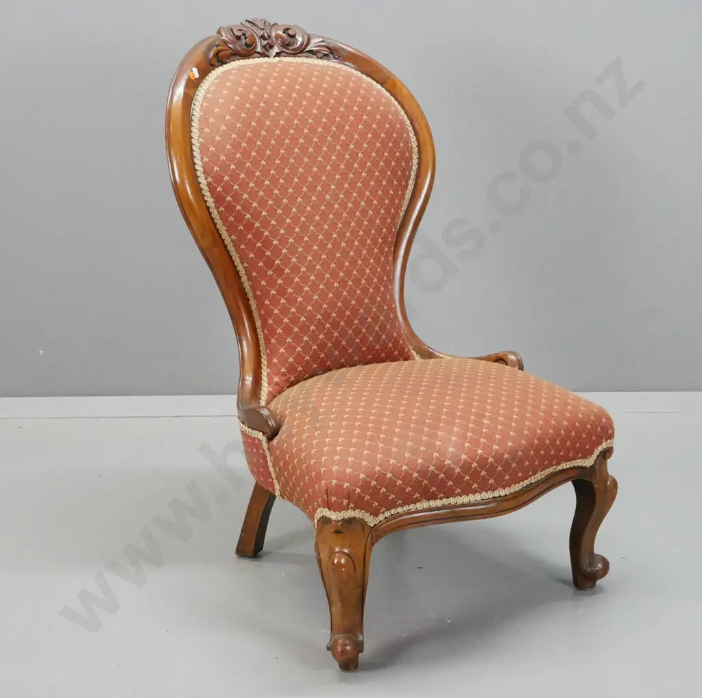 Victorian walnut lady's chair with foliate carved crest on back, serpentine front, cab legs, recovered with diamond Image 1++