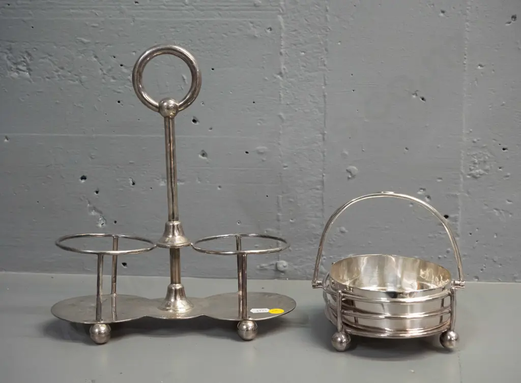 silver plated serving ware with impressed NZR lettering: handled sweet dish and a handled condiment / bottle holder H270 Image 1++