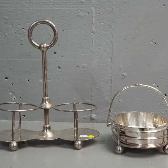 silver plated serving ware with impressed NZR lettering: handled sweet dish and a handled condiment / bottle holder H270