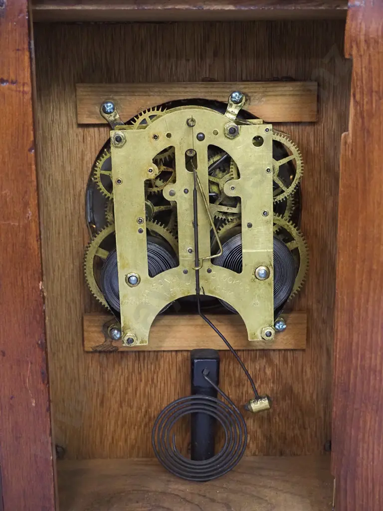 oak cased Ansonia mantel clock with pendulum and key - brass and printed card face, missing glass bezel H480 W360 D125 Image 1++