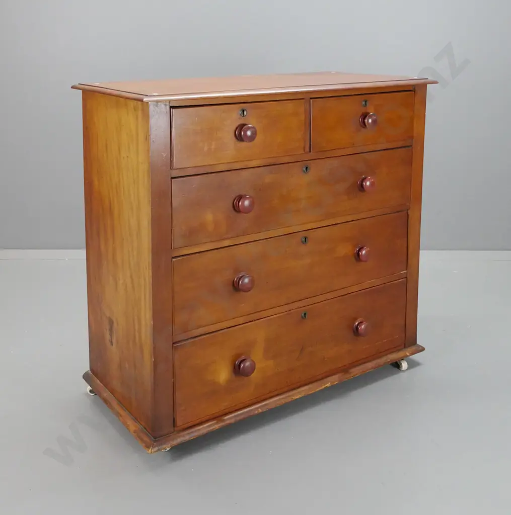 colonial kauri 5-drawer chest with timber knobs, brass locks and escutcheons, on porcelain casters - staining and water Image 1++