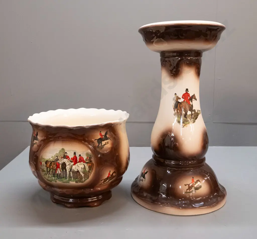 jardiniere and matching stand with transfer hunting scenes Combined H-665 Jardiniere H-230 D-255 Image 1++