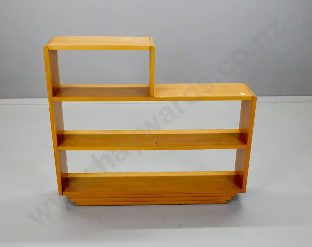 mid-century rimu stepped open bookcase - some marks to polish on top, a bit of flex H-810 W-920 D-175 Image 1++