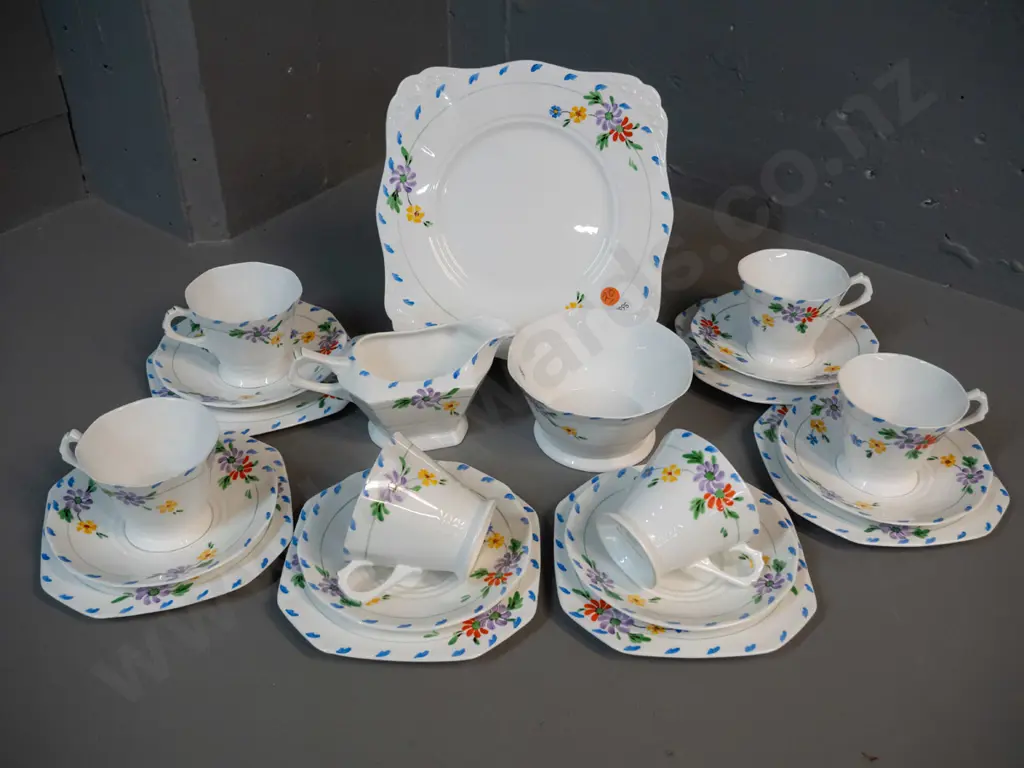 Tuscan "Plant" pattern 21-piece tea set - 6 trios, cake plate, cream & sugar Image 1++