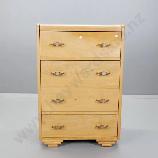 art deco oak 4-drawer chest, metal handles with central medallions - some marks to polish on top, join on one side is