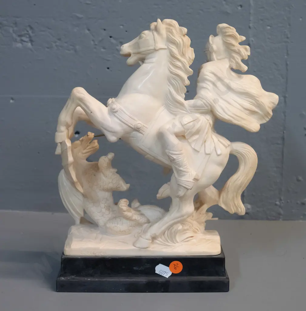 Italian classical style composite figurine with brass spear - St. George and the dragon - marked G. Ruggeri H-290 W-250 Image 1++
